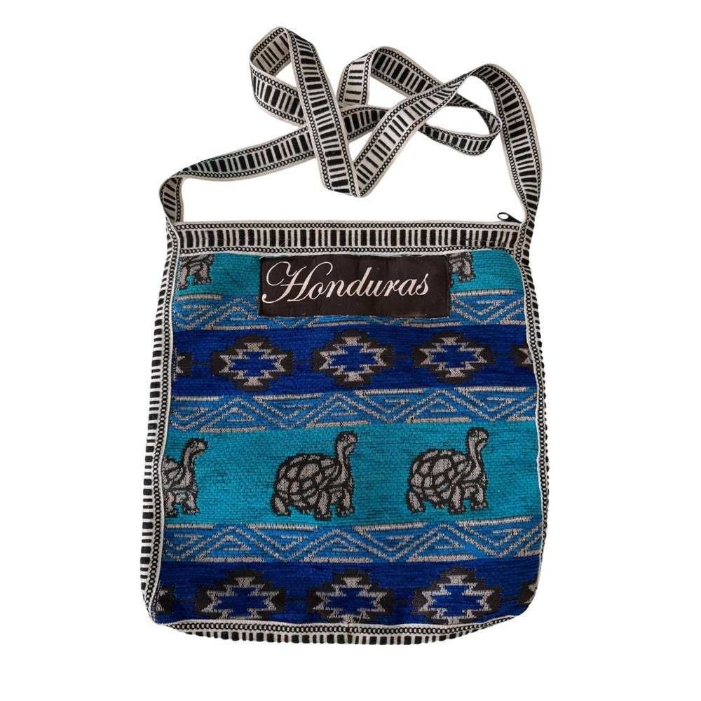 Honduras Woven Shoulder Bag Turquoise Blue Turtle Pattern Crossbody Lightweight